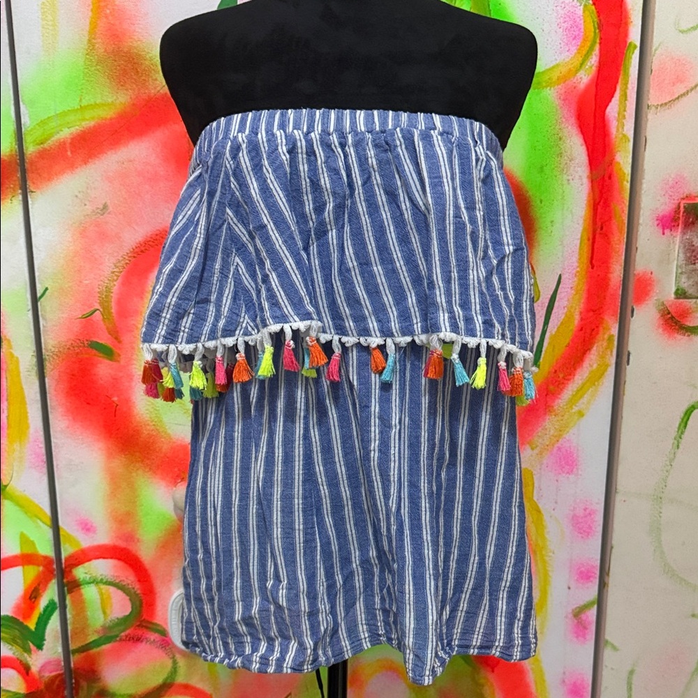 Love J Blue Striped Off-Shoulder Top with Tassels